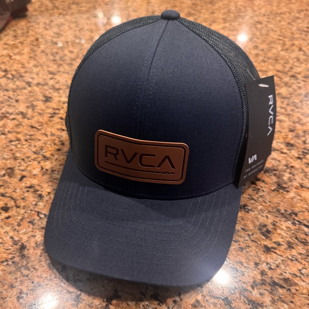 RVCA Navy Trucker Cap with Brown Leather Logo Patch NWT
